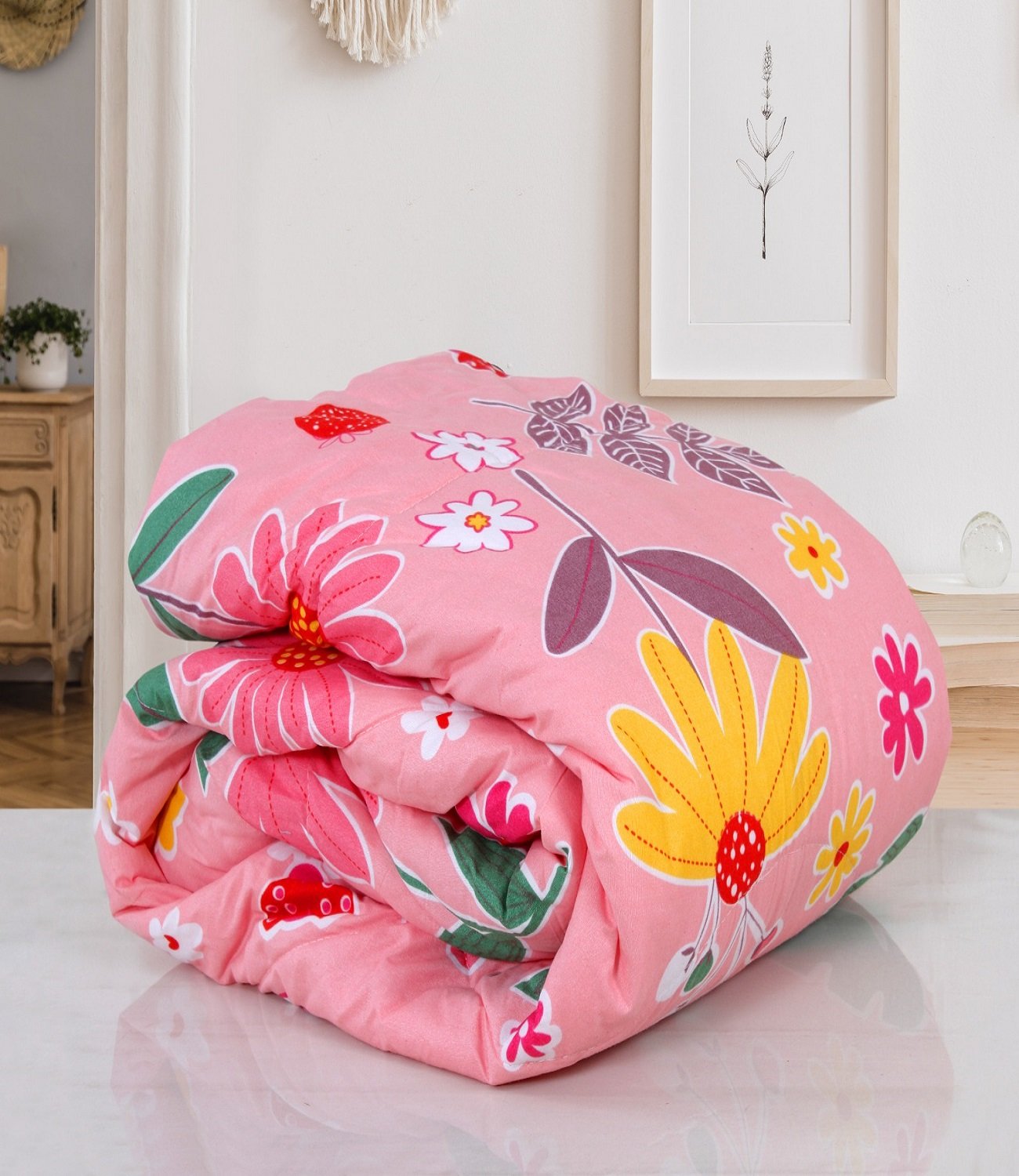 Bumble Bells Flower Printed Double Bed AC Comforter Bedsheet Set - Image 2